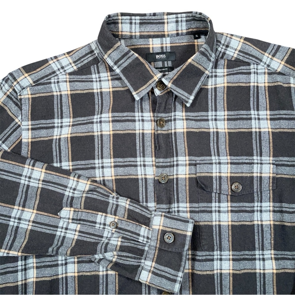 BOSS Hugo Boss Plaid Flannel Shirt Mens XL Gray Regular Fit Button Up
